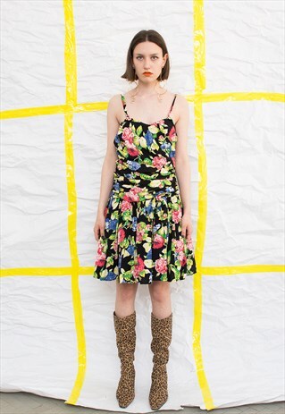 VINTAGE BLACK FLORAL MIDI SUMMER STRAP DRESS