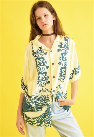 90'S RETRO HAWAIIAN PRINT OVERSIZED DADS BLOUSE TOP