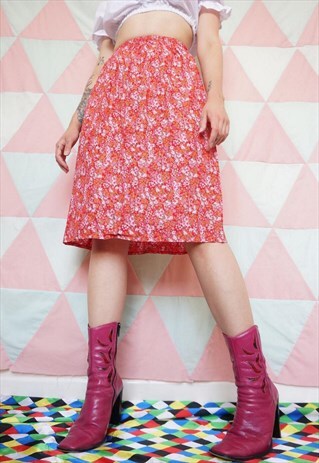 VINTAGE 70S RED / PINK CUTE FLORAL COTTON MIDI SKIRT