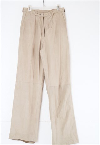 90'S VINTAGE THIN LEATHER BEIGE WIDE LEG TROUSERS PANTS
