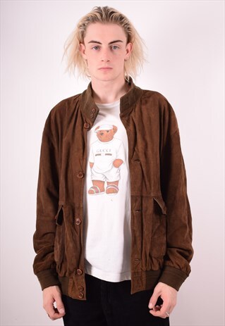 MENS VINTAGE LEATHER SUEDE BOMBER JACKET LARGE BROWN 90S