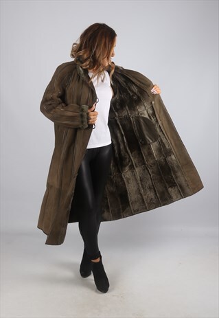 VINTAGE SHEEPSKIN SUEDE SHEARLING COAT LONG UK 14 - 16 (J9BF
