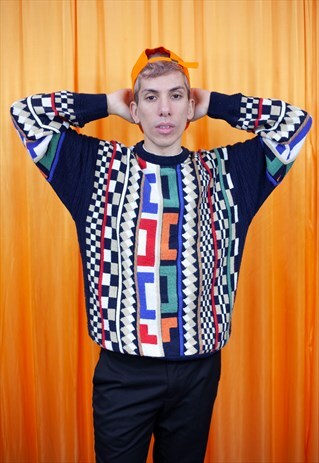VINTAGE 80S JUMPER BLUE RED GREEN WHITE GEOMETRIC STRIPED