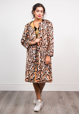 VINTAGE 80'S LEOPARD ANIMAL PRINT FAUX FUR MIDI COAT