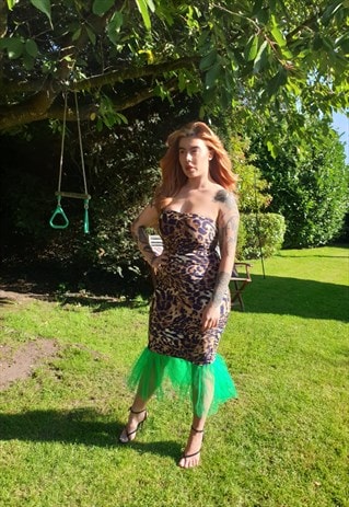 MARIELLA SCULPT LEOPARD PRINT JERSEY & GREEN TULLE DRESS