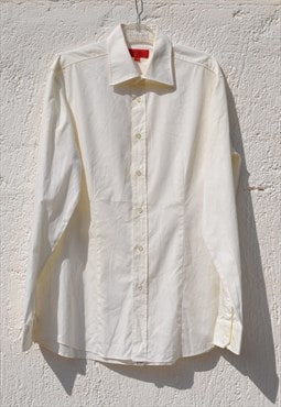 Vintage Hugo Boss cream cotton button down collared shirt.
