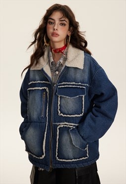 Winter denim jacket cargo pocket jean bomber fleece coat