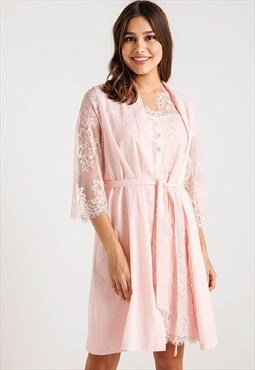 Pink Lace Detailed Nightgown Dressing Gown Set