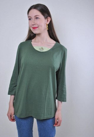 WOMEN VINTAGE GREEN PULLOVER BLOUSE WITH FLORAL EMBROIDERY