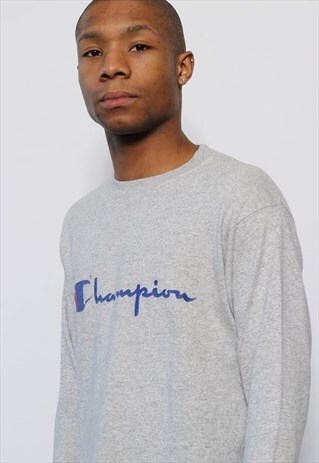 VINTAGE CHAMPION LONG SLEEVE T-SHIRT TOP LOGO GREY