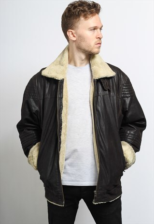 VINTAGE LEATHER AVIATOR FLEECE JACKET COAT