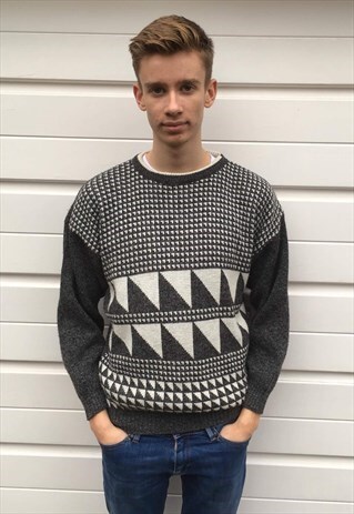 MENS VINTAGE 80S JUMPER CREAM GREY AZTEC PATTERNED SWEATER