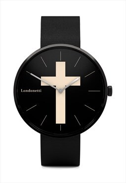 Large Black Crucifix Watch Matt Black Leather Strap