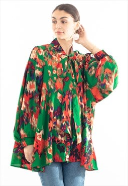 Wild Bloom multi color print oversized shirt with tie up bow