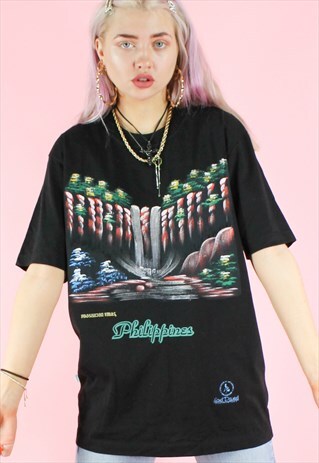 VINTAGE 90S T-SHIRT Y2K BLACK PHILIPPINES WATERFALL