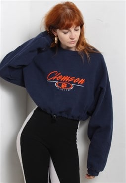 Vintage USA College Reworked Cropped Sweatshirt Blue