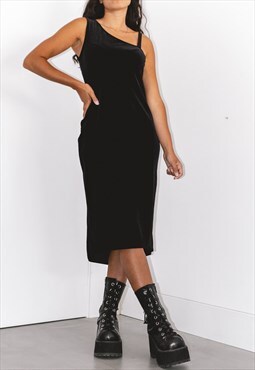 Vintage 90s Black Velvet Asymmetric Slip Midi dress