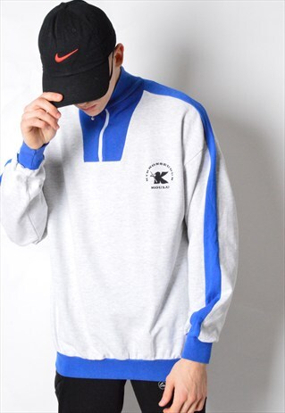 VINTAGE 90S GREY BLUE COLOUR BLOCK 1/4 ZIPPER SWEATSHIRT