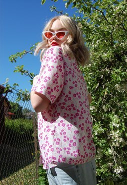 Vintage 80's light summer festival blouse shirt flower pink 