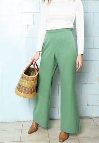 VINTAGE 70S MOD HIGH WAIST AVOCADO GREEN FLARED TROUSERS