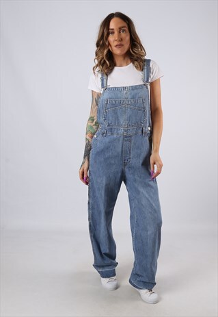 VINTAGE DENIM DUNGAREES WIDE LEG DEMODE UK 10 SMALL (JACF)
