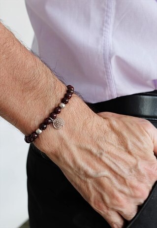 TREE OF LIFE CHARM WITH GARNET POWER BEAD BRACELET MEN