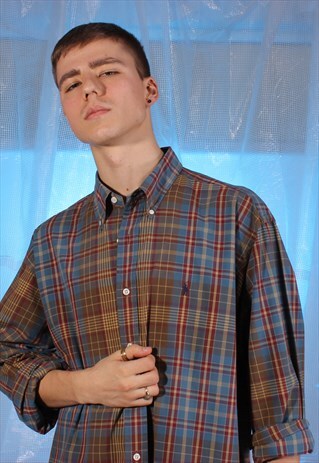 VINTAGE RALPH LAUREN BLUE, RED AND BROWN PLAID SHIRT