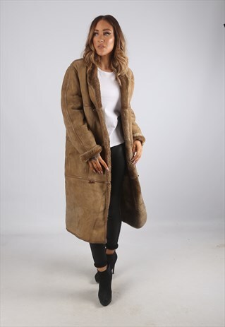 VINTAGE SHEEPSKIN SUEDE SHEARLING COAT LONG UK 14 (J9BW)
