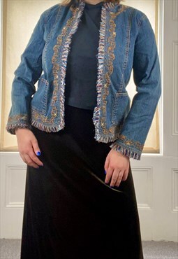 Vintage 90s medium wash denim jacket with tassel embroidery 