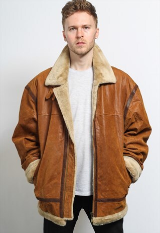 VINTAGE LEATHER AVIATOR FLEECE SHEEPSKIN JACKET COAT