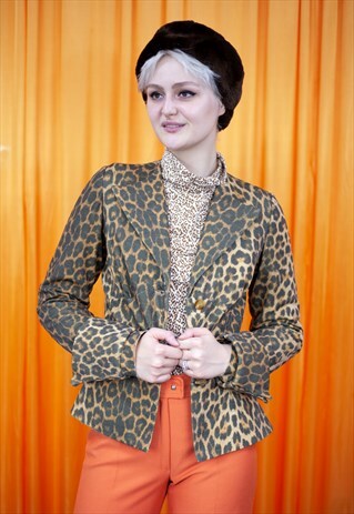 VINTAGE 80S JACKET BROWN LEOPARD ANIMAL PRINT V NECK