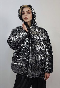 Silver sequin hooded bomber glitter jacket sparkle puffer 
