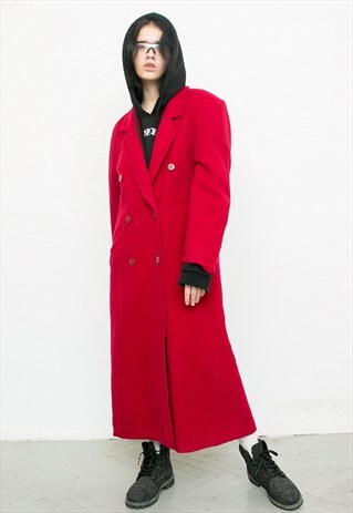 VINTAGE WOOL LONG COAT RED LONG MAXI WARM WINTER AUTUMN