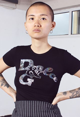 VINTAGE Y2K DOLCE & GABBANA BLACK GLITTER LOGO TEE