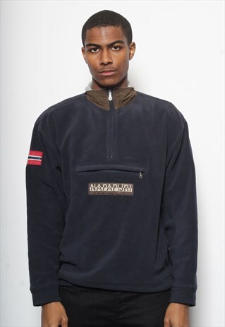 VINTAGE NAPAPIJRI SPELL OUT LOGO 1/4 ZIP FLEECE NAVY BLUE