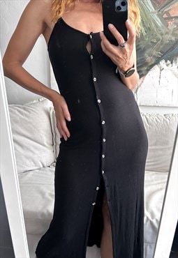 Rib Knit Black Maxi Dress - XS