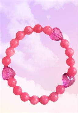 Love Hearts Pink Jade Beaded Gemstone Fashion Bracelet
