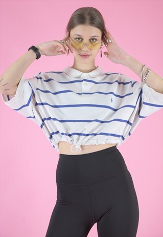 VINTAGE REWORKED RALPH LAUREN CROP TOP POLO IN WHITE BLUE