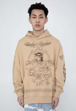 Money print hoodie retro floral baggy pullover in cream
