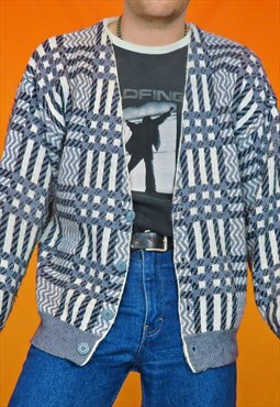 Vintage Funky Plaid Checked Pattern Knit Cardigan Grey 90s