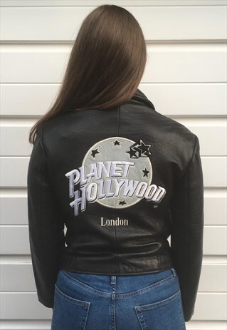 WOMENS VINTAGE JACKET PLANET HOLLYWOOD BLACK LEATHER COAT
