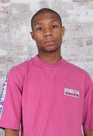VINTAGE DIADORA TAPE LOGO T-SHIRT PINK BLUE