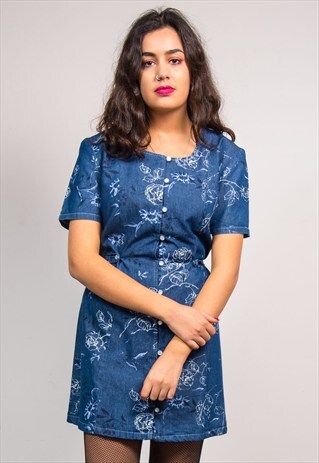 VINTAGE 90'S DARK BLUE DENIM FLORAL PATTERN MINI DRESS