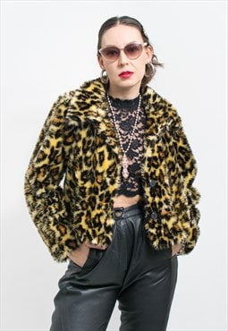 Vintage faux fur jacket leaopard pattern women size M/L