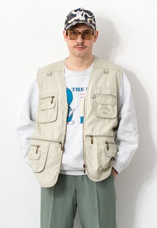 Vintage 90s fishing vest in cream utility sleeveless jacket