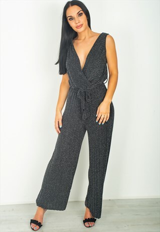 SILVER GLITTER PLUNGE PLEATED JUMPSUIT