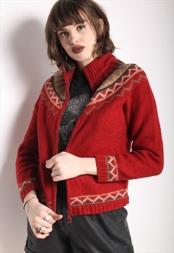 Vintage Jazzy Abstract Crazy Patterned Cardigan Red