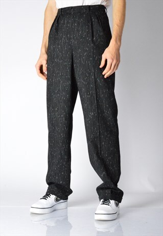 VINTAGE 80S DARK GREY BLACK STRIPED WOOL BLEND PANTS