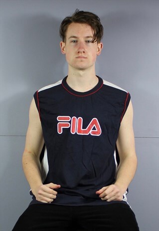 VINTAGE FILA GYM VEST IN NAVY BLUE WITH PRINTED LOGO. SIZE X