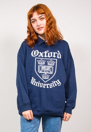 VINTAGE 90'S NAVY BLUE OXFORD UNIVERSITY COLLARED SWEATSHIRT